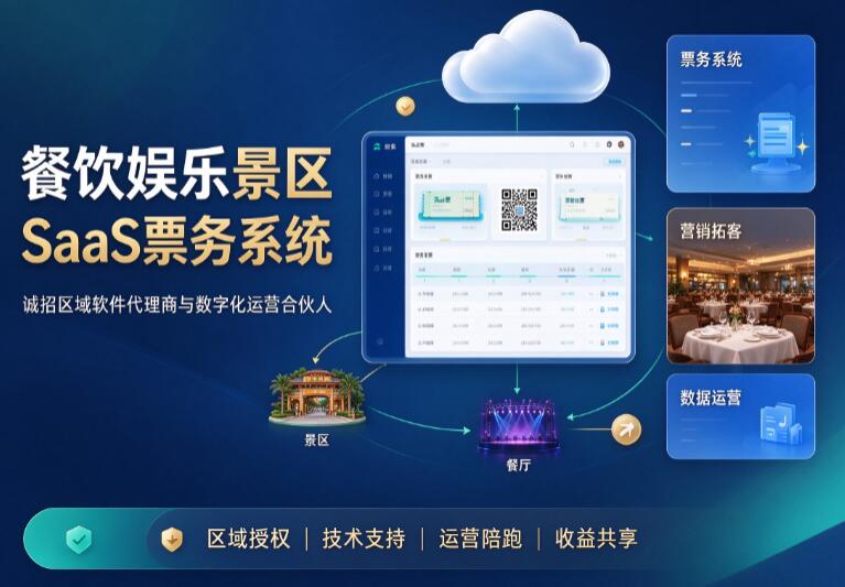 提供餐饮娱乐景区SaaS票务系统，诚招区域软件代理商与数字化运营合伙人